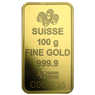 A picture of a 100 gram Gold Bar- PAMP Suisse Lady Fortuna (w/ Assay)